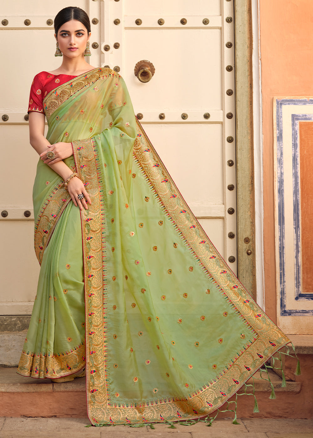 Misty Green Woven Organza Saree with Embroidery Work