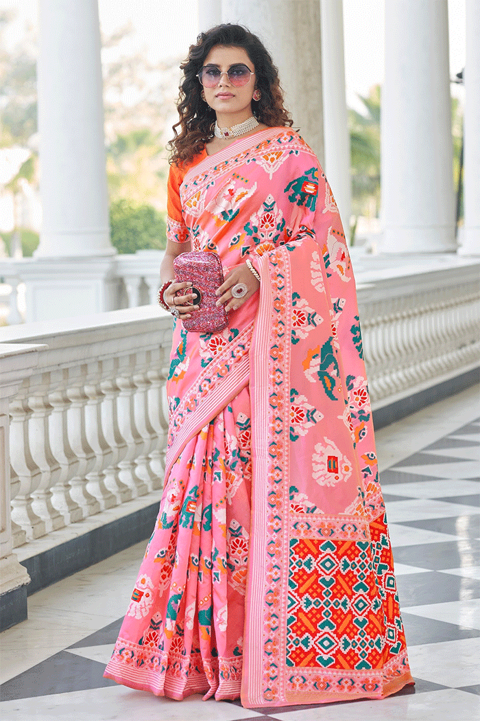 Salmon Pink and Orange Handloom Woven Patola Saree