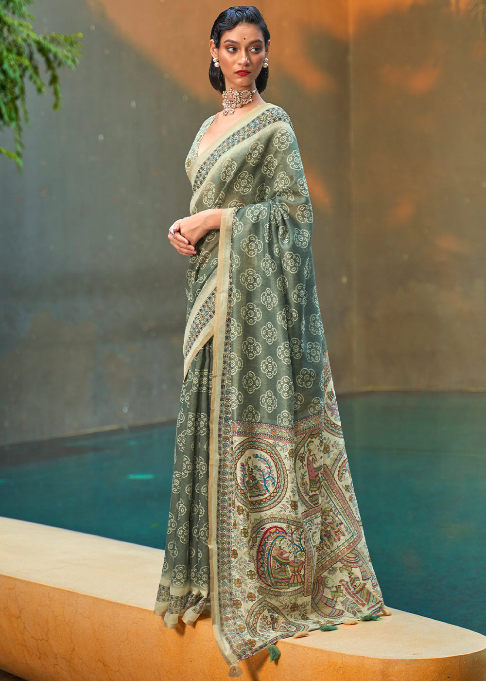 Swamp Green Floral Printed Cotton Saree