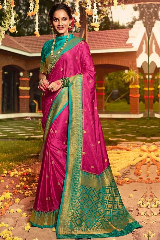 Cabaret Pink and Blue Zari Woven Kanjivaram Saree