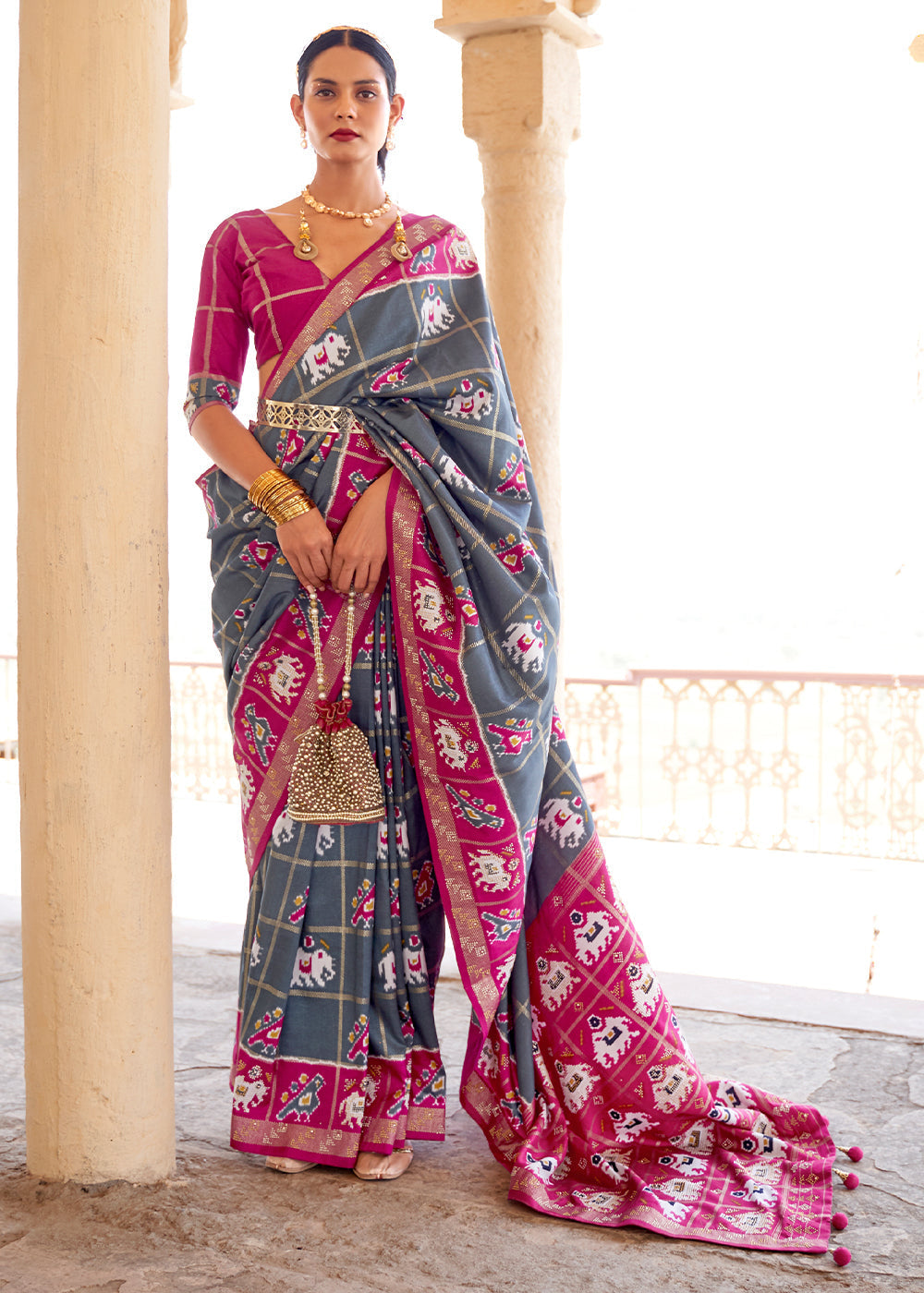 Mid Gray and Pink Printed Patola Silk Saree