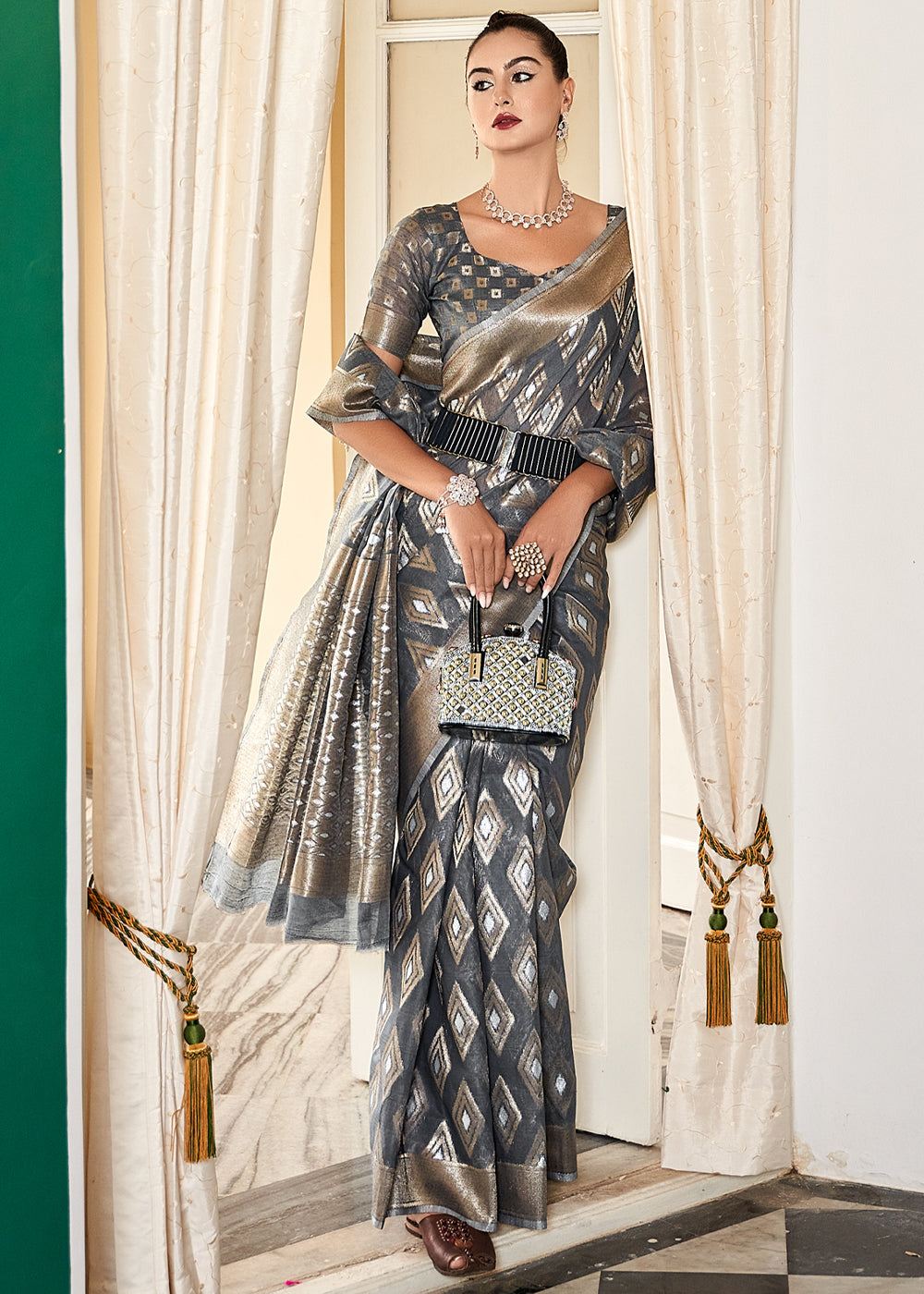 Mine Shaft Grey Woven Banarasi Cotton Modal Silk Saree