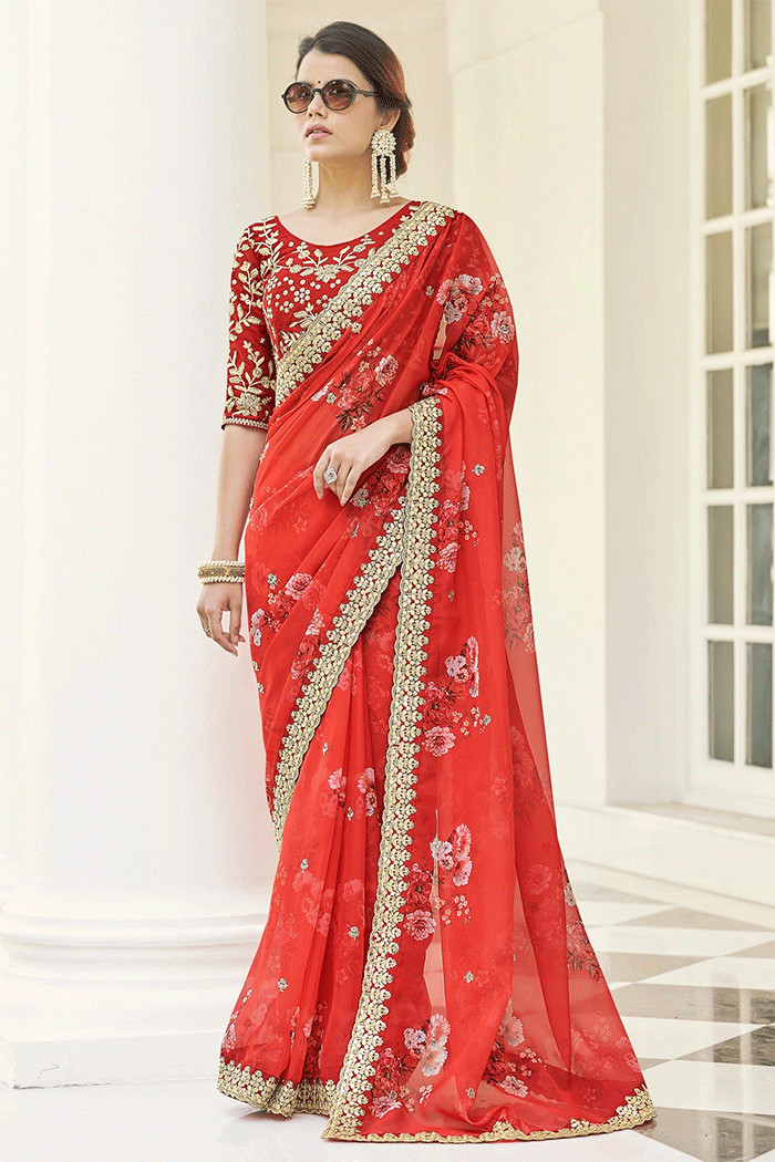 Flamingo Red Organza Partywear Saree