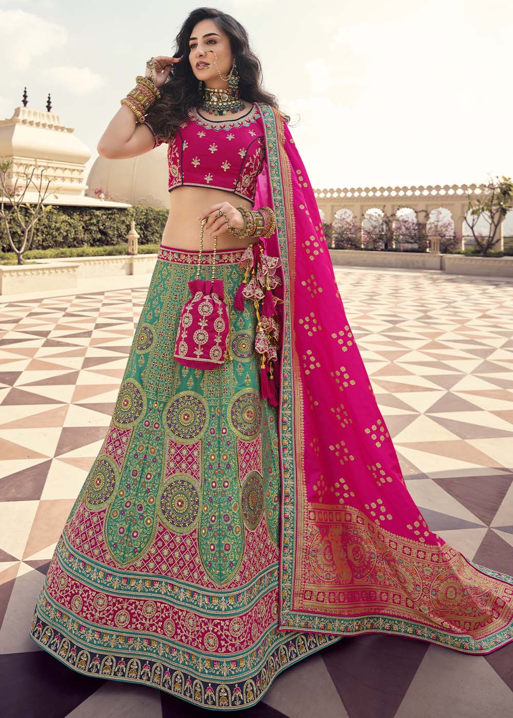 Camouflage Green and Pink Banarasi Silk Lehenga Choli