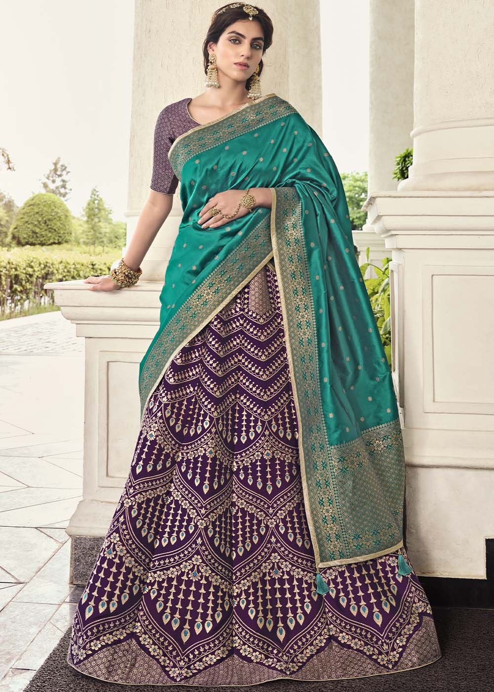 Falcon Purple and Green Banarasi Silk Lehenga Choli