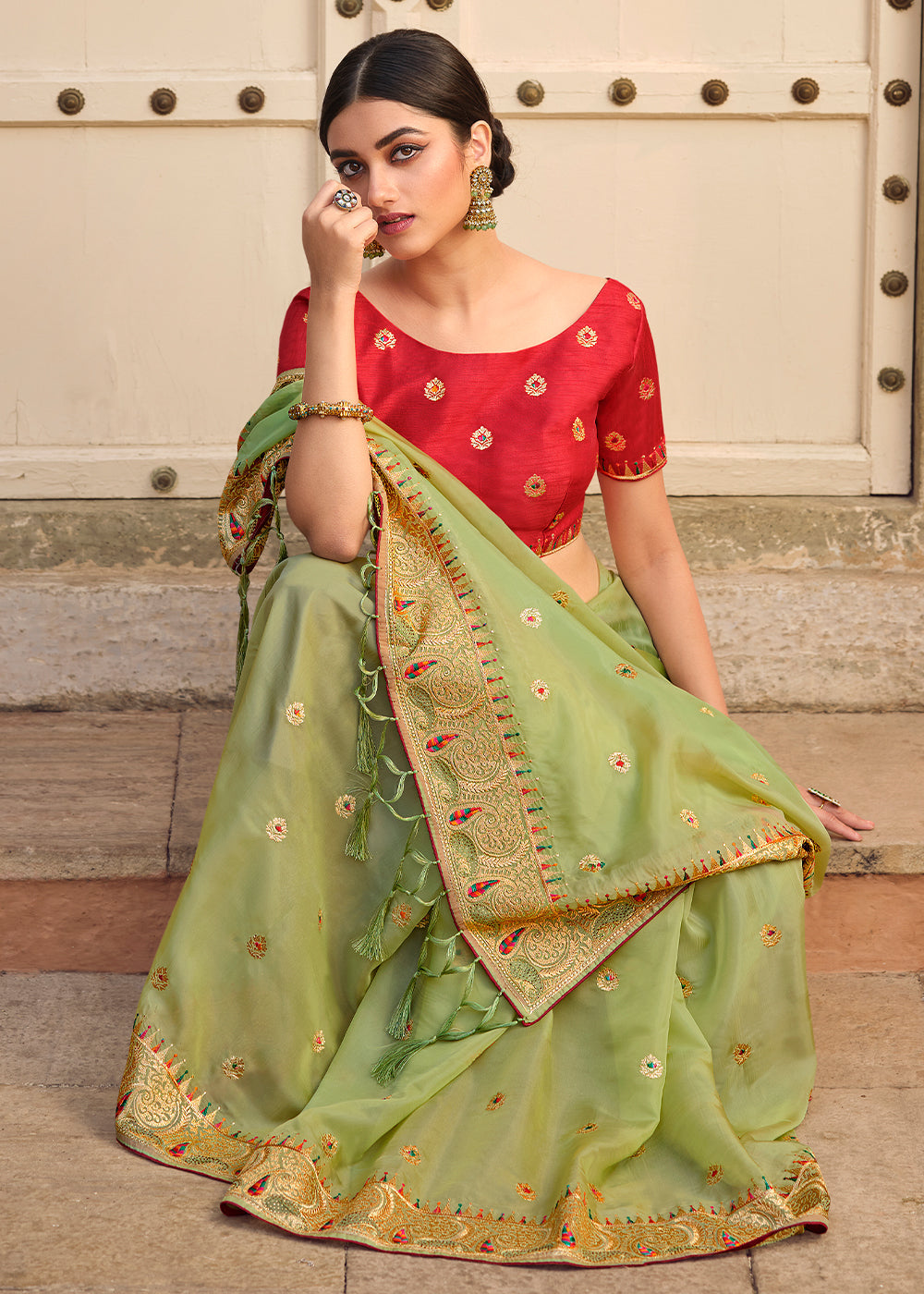 Misty Green Woven Organza Saree with Embroidery Work