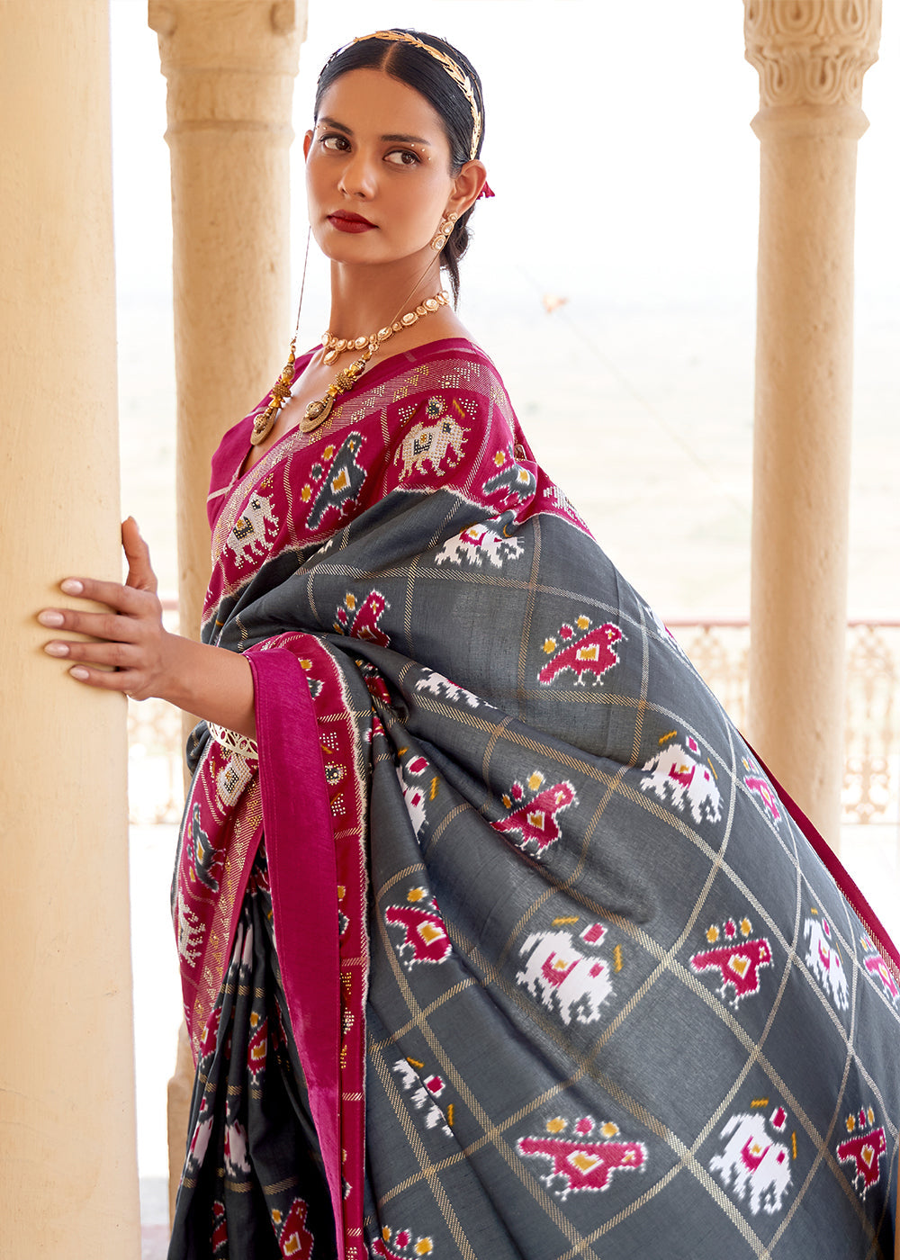 Mid Gray and Pink Printed Patola Silk Saree