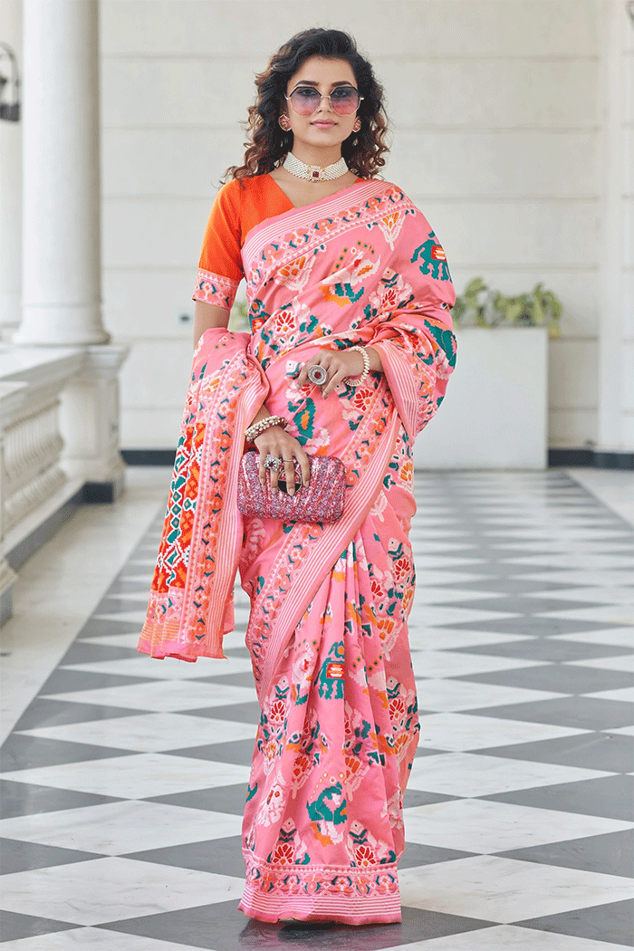 Salmon Pink and Orange Handloom Woven Patola Saree