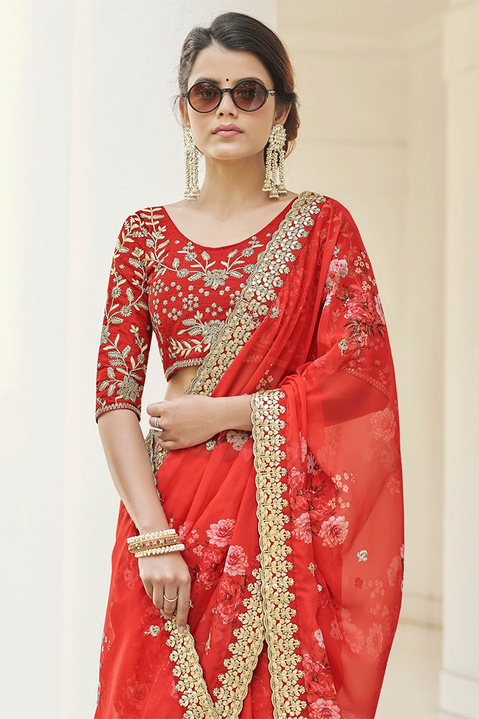 Flamingo Red Organza Partywear Saree