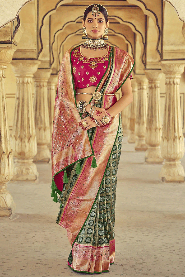 Kelp Green and Pink Zari Woven Kanjivaram Saree with Designer Blouse