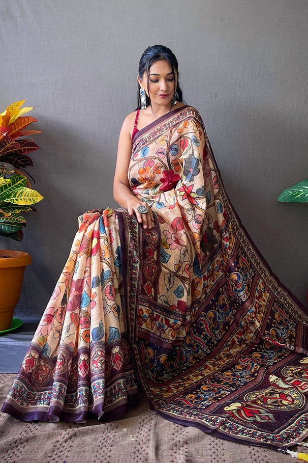 Calico Cream and Red Kalamkari Saree