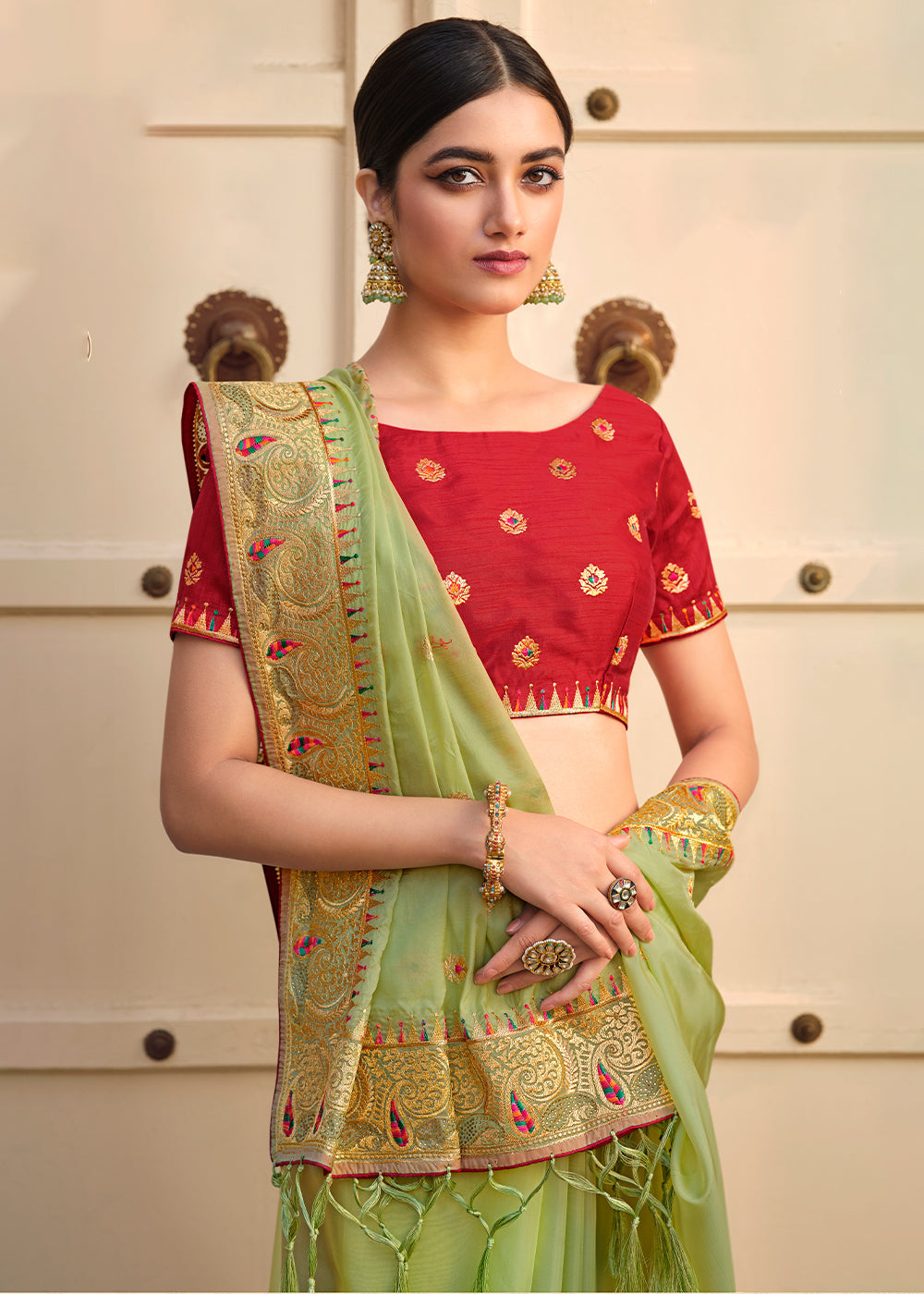 Misty Green Woven Organza Saree with Embroidery Work