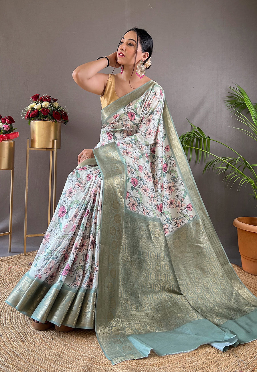 Tallow Green Kalamkari Floral Printed Saree