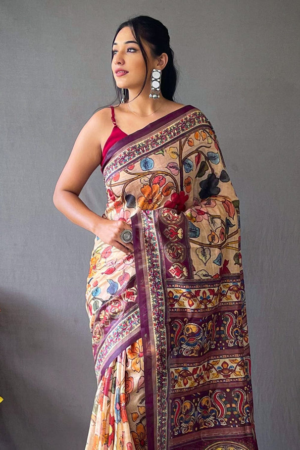 Calico Cream and Red Kalamkari Saree