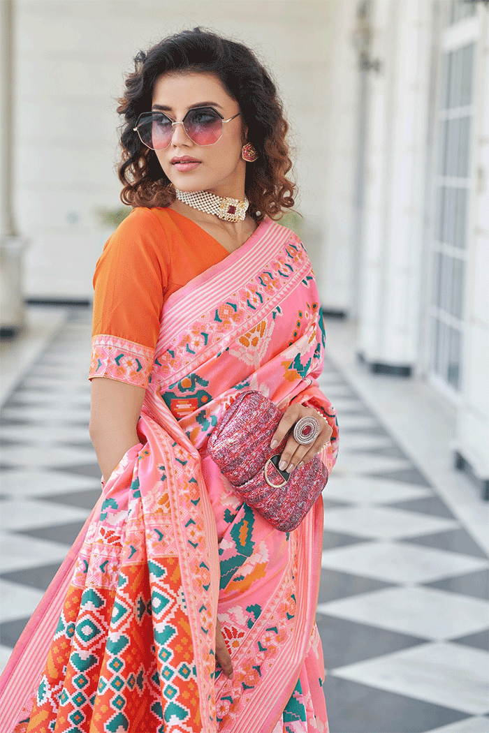 Salmon Pink and Orange Handloom Woven Patola Saree