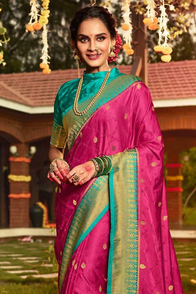 Cabaret Pink and Blue Zari Woven Kanjivaram Saree