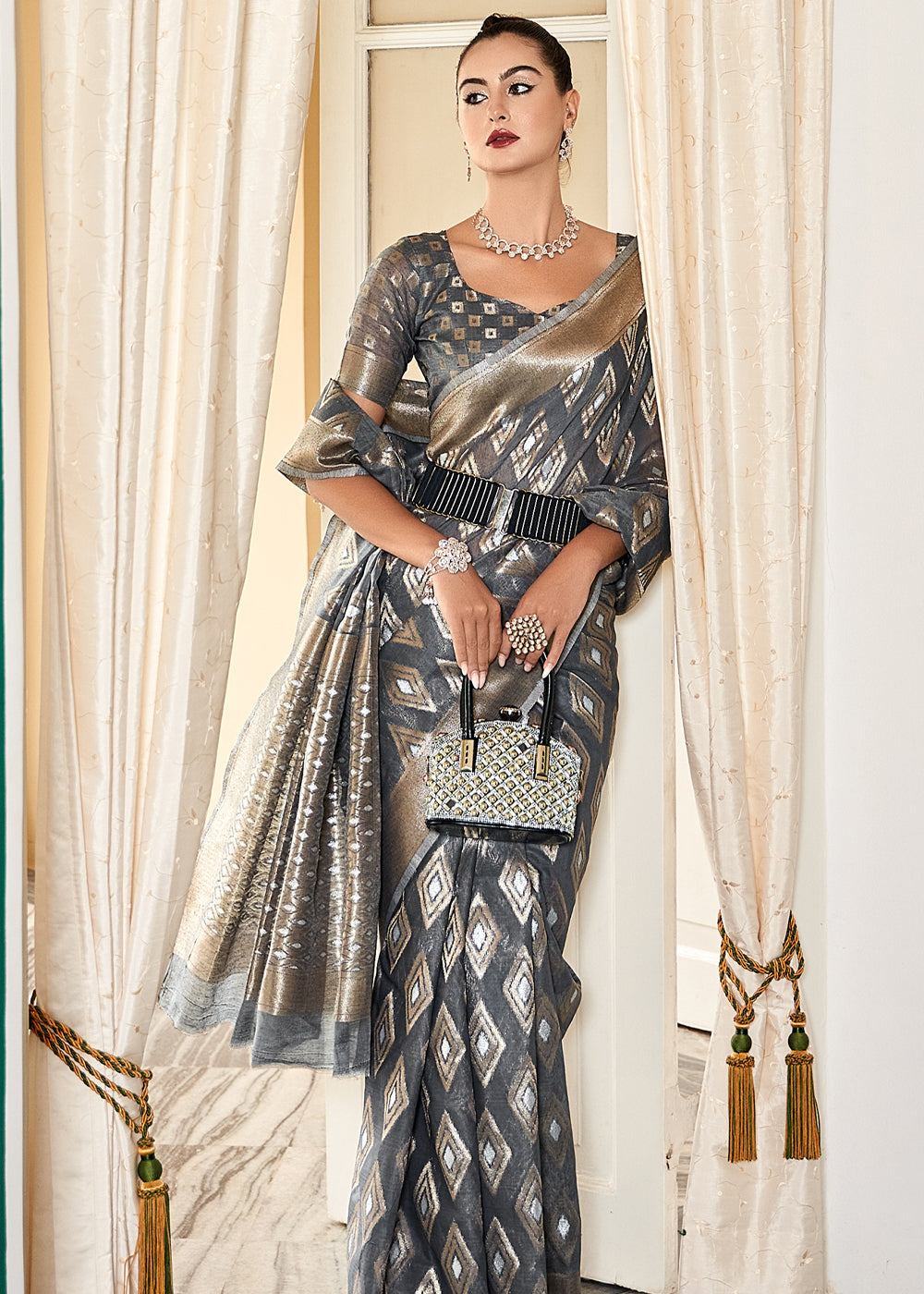 Mine Shaft Grey Woven Banarasi Cotton Modal Silk Saree