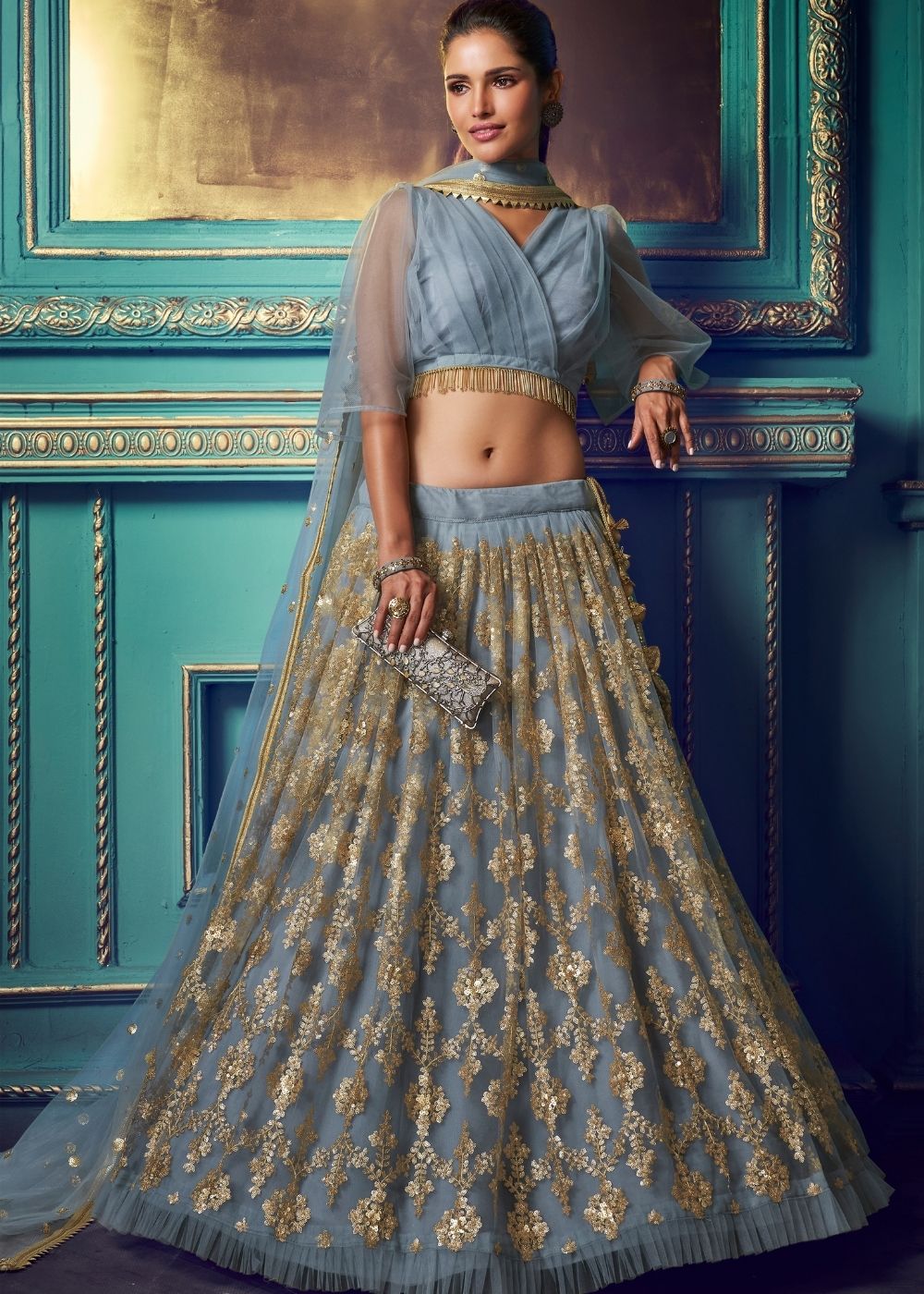 Cadet Blue Designer Soft Net Lehenga Choli