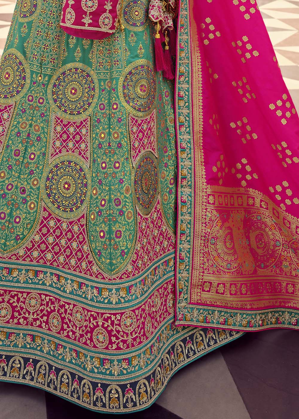 Camouflage Green and Pink Banarasi Silk Lehenga Choli