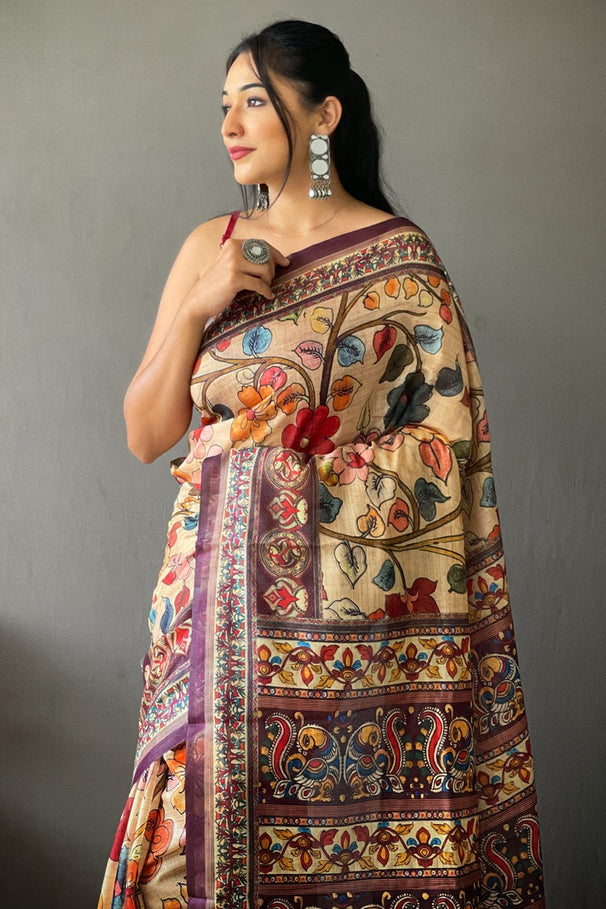 Calico Cream and Red Kalamkari Saree