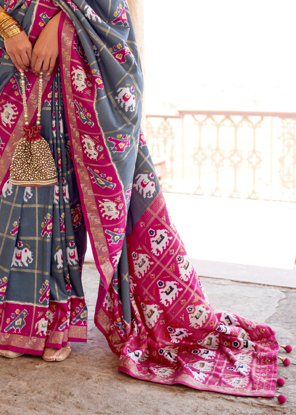 Mid Gray and Pink Printed Patola Silk Saree