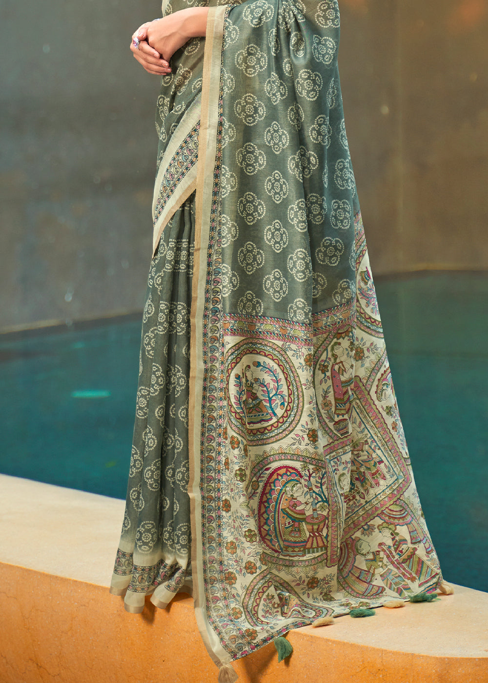 Swamp Green Floral Printed Cotton Saree