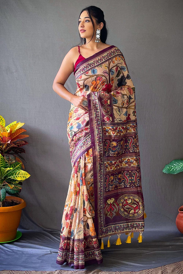 Calico Cream and Red Kalamkari Saree