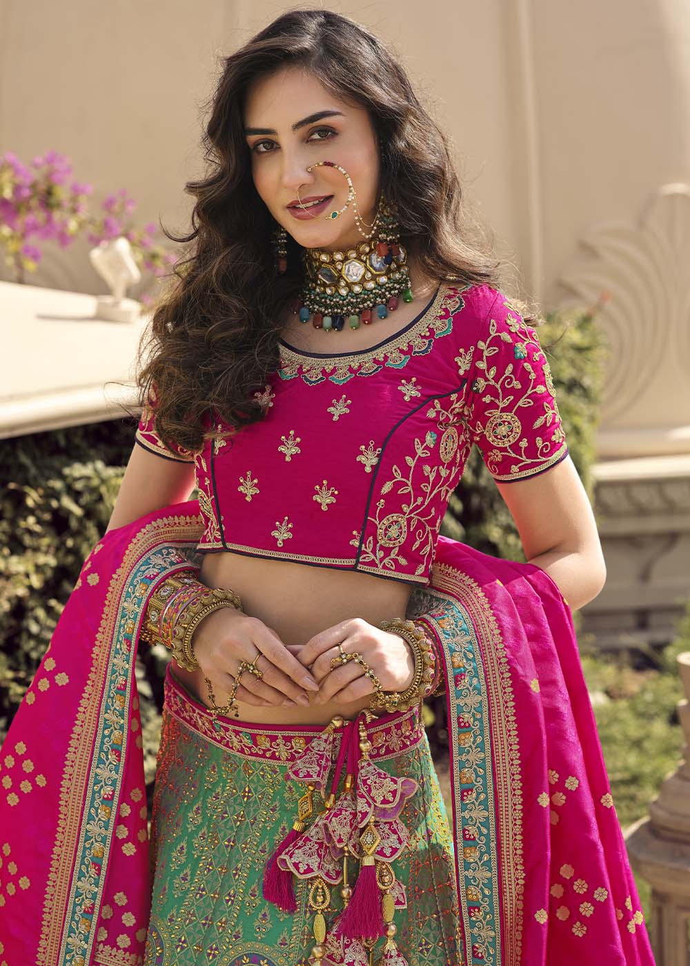 Camouflage Green and Pink Banarasi Silk Lehenga Choli