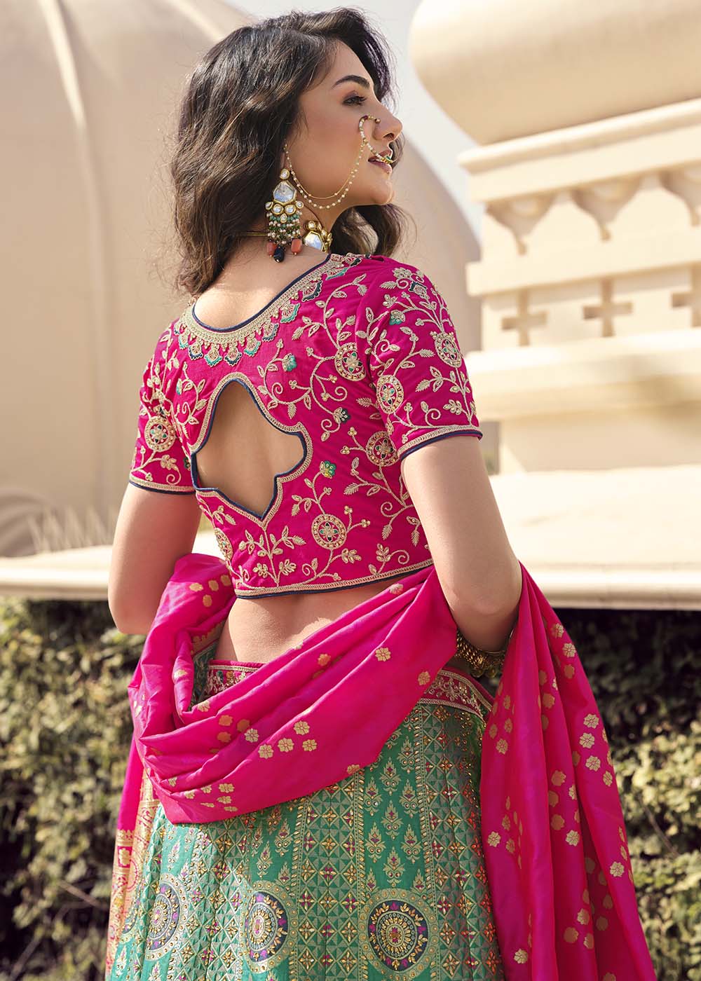 Camouflage Green and Pink Banarasi Silk Lehenga Choli