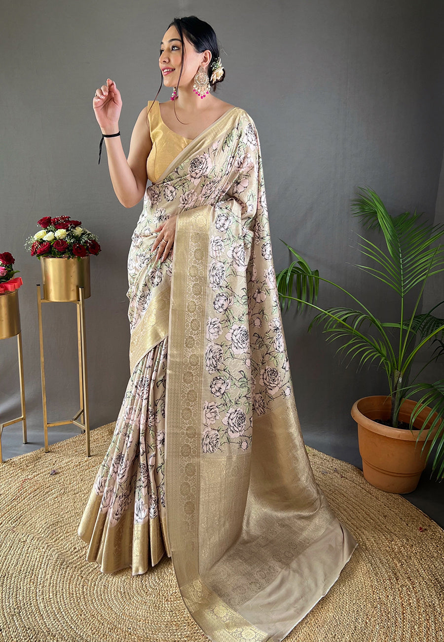 Arrowtown Grey Kalamkari Floral Printed Saree