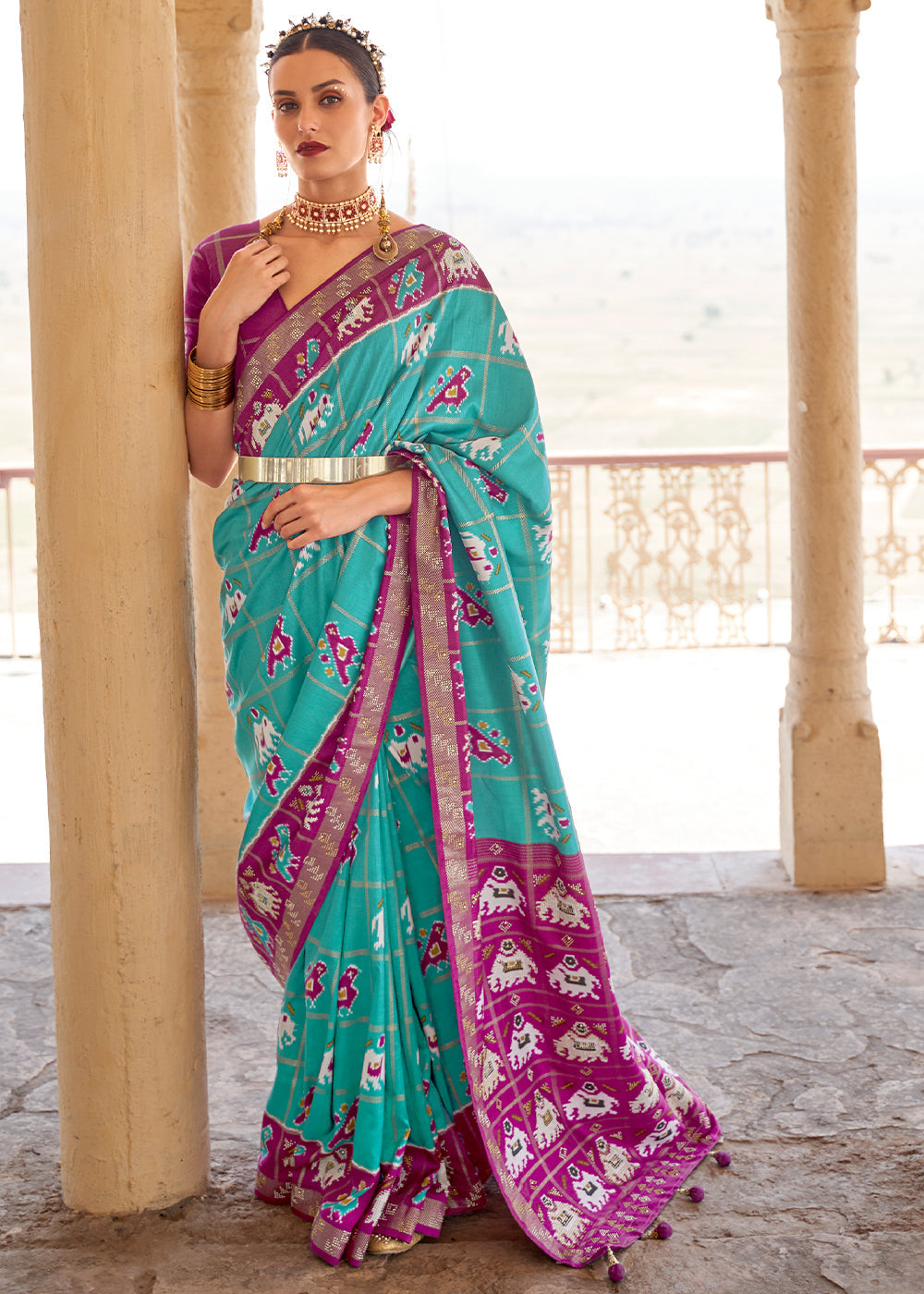 Jungle Green and Purple Printed Patola Silk Saree