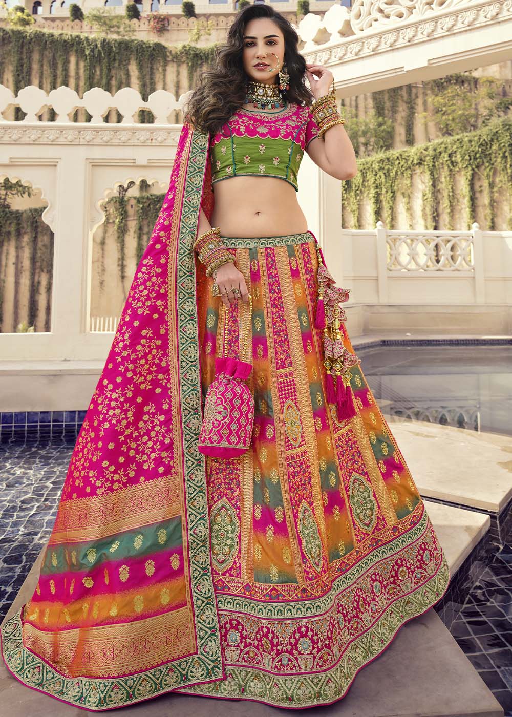 Multi Colour Banarasi Silk Lehenga Choli