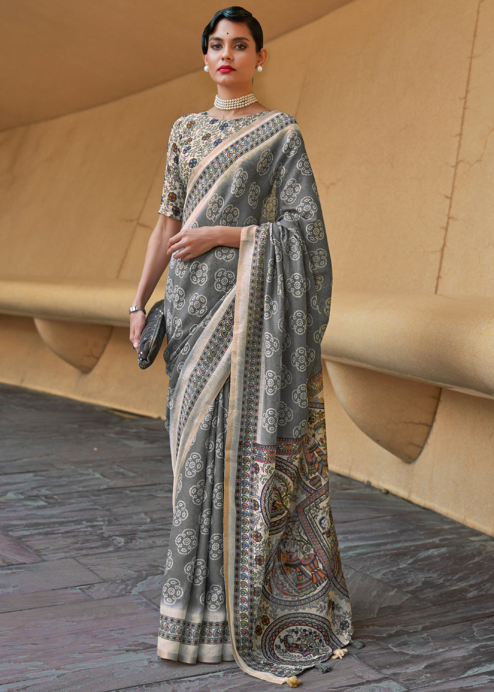 Nobel Grey Floral Printed Cotton Saree