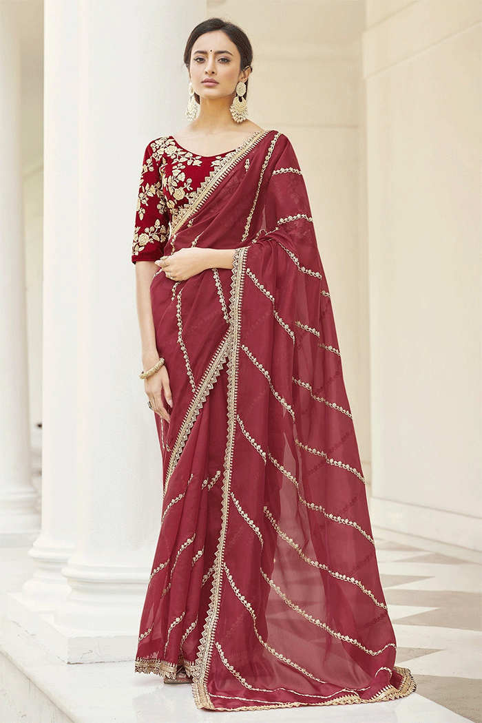 Pink Maroon Organza Partywear Saree