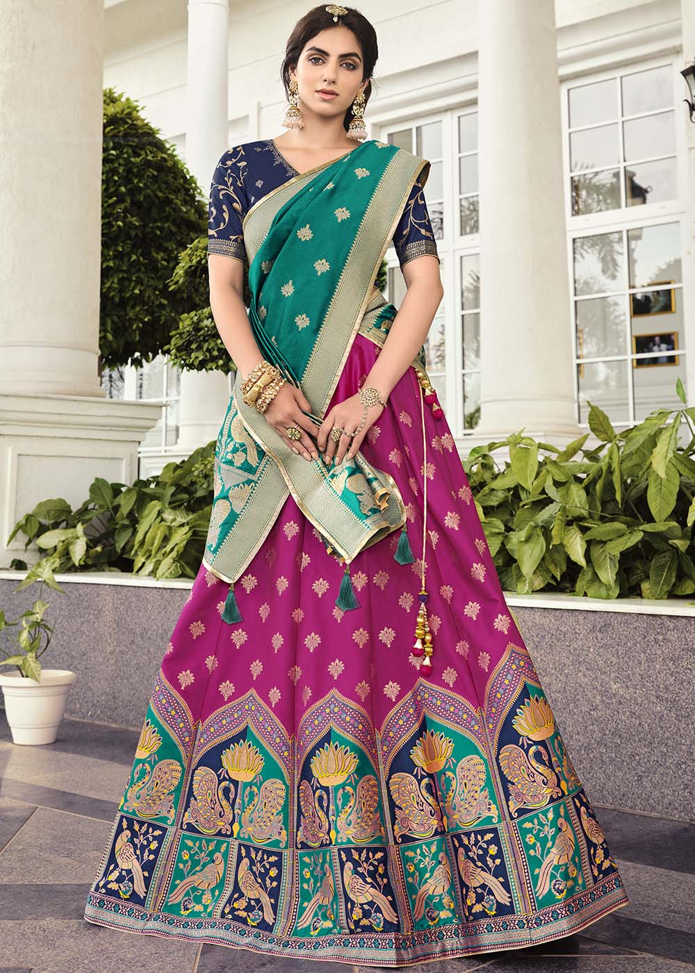 Crown Of Thorns Pink and Green Banarasi Silk Lehenga Choli