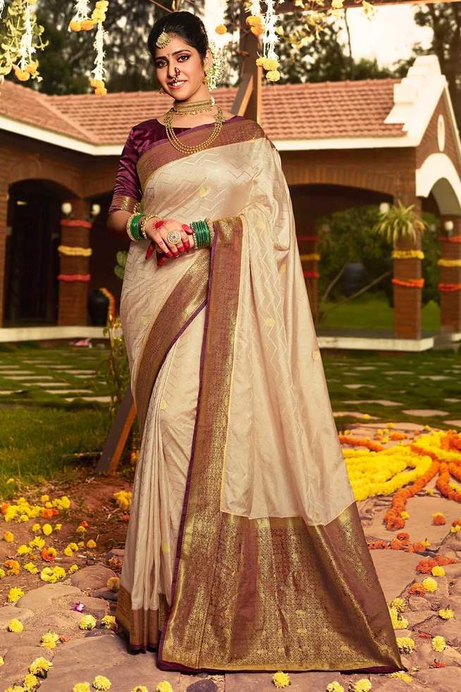 Calico Cream and Brown Zari Woven Kanjivaram Saree