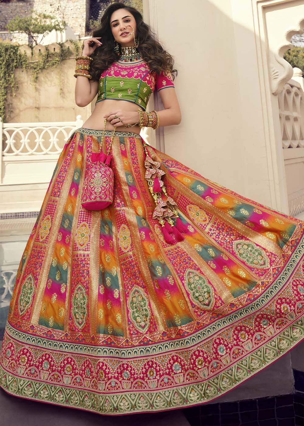 Multi Colour Banarasi Silk Lehenga Choli