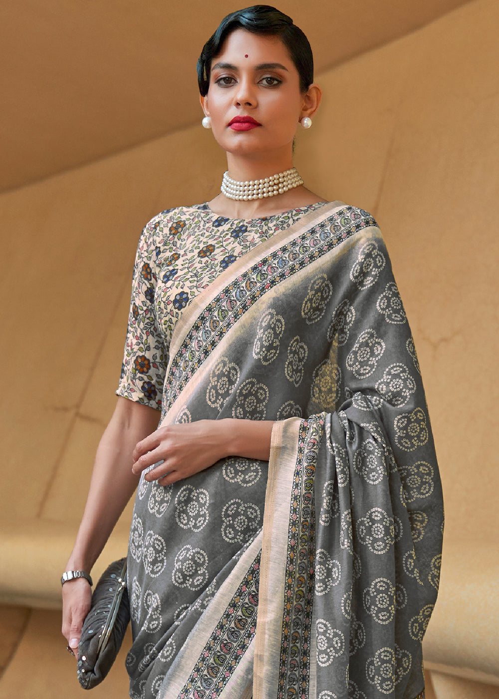 Nobel Grey Floral Printed Cotton Saree