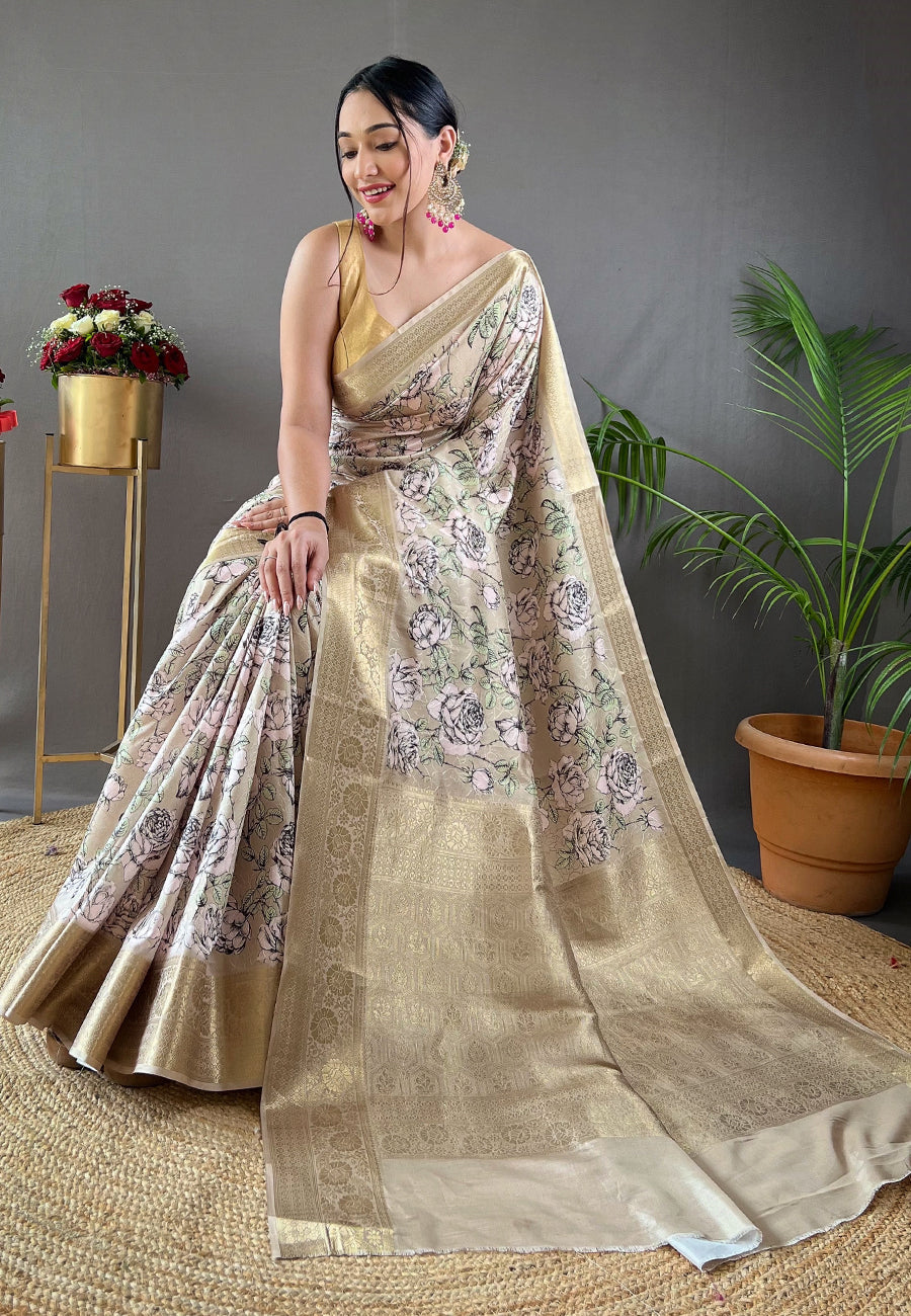 Arrowtown Grey Kalamkari Floral Printed Saree