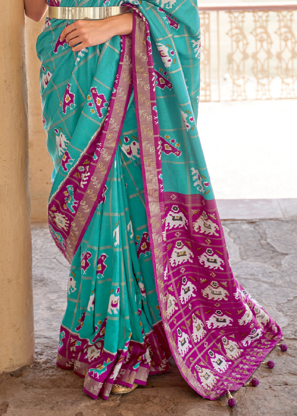 Jungle Green and Purple Printed Patola Silk Saree