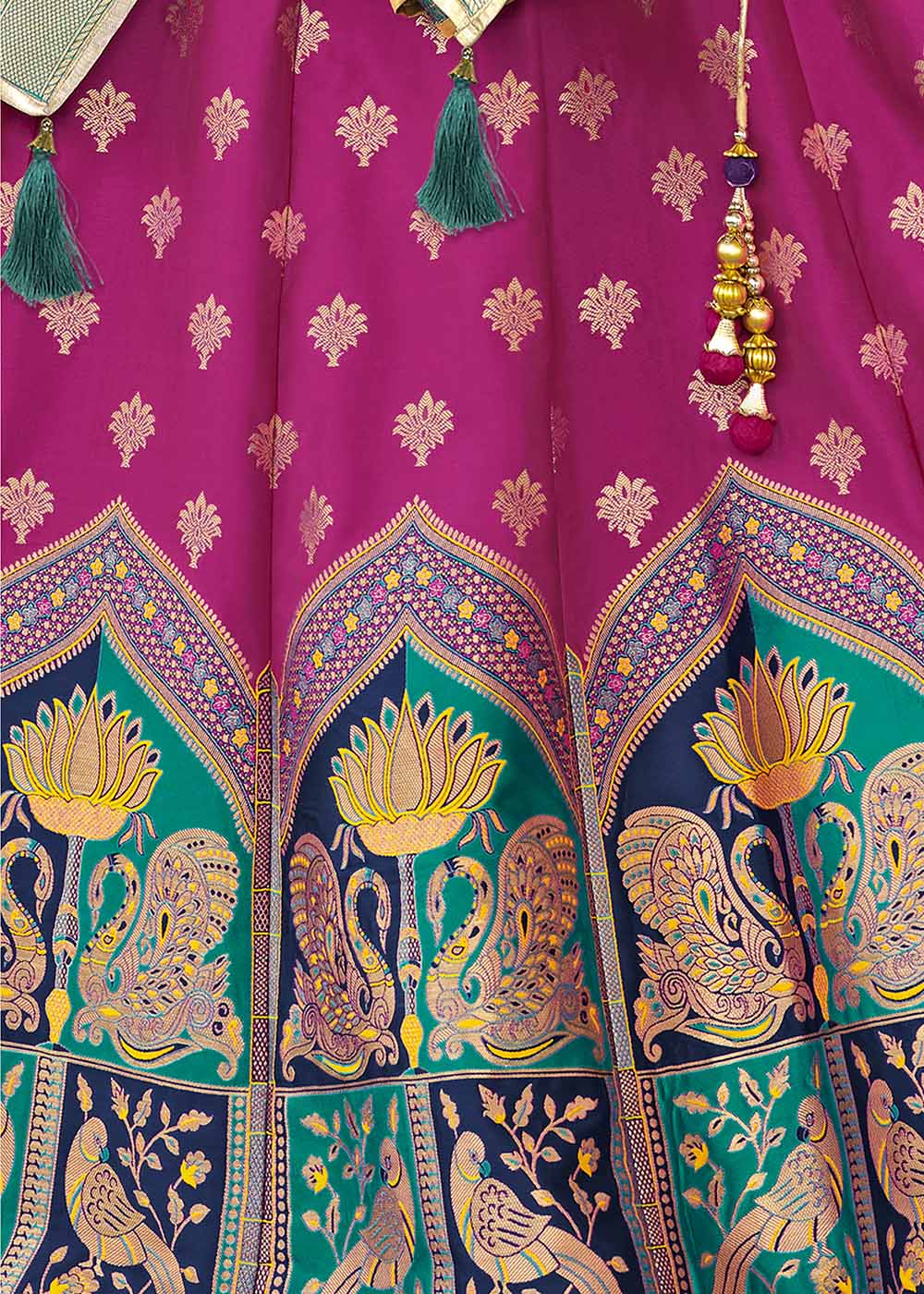 Crown Of Thorns Pink and Green Banarasi Silk Lehenga Choli