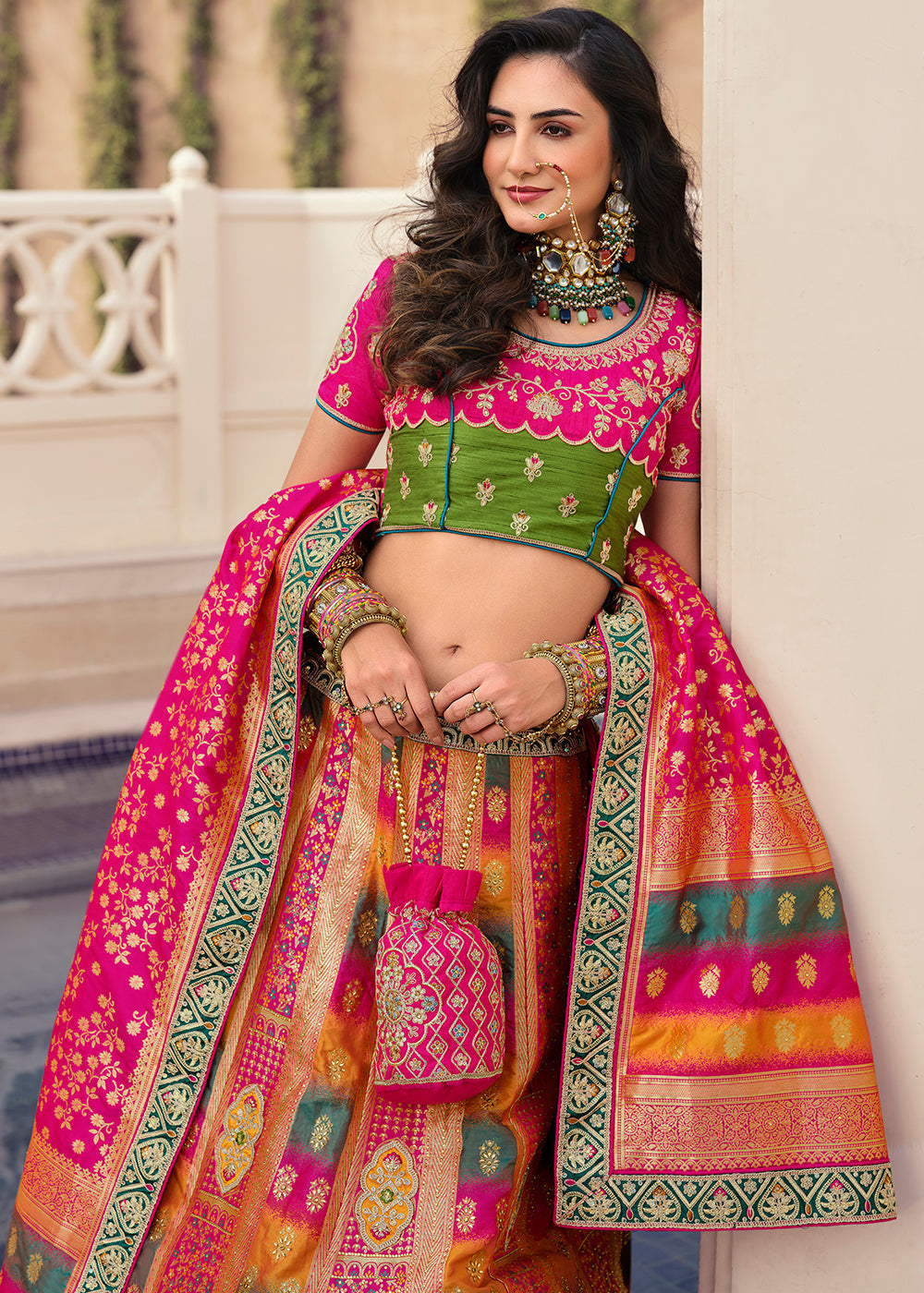 Multi Colour Banarasi Silk Lehenga Choli