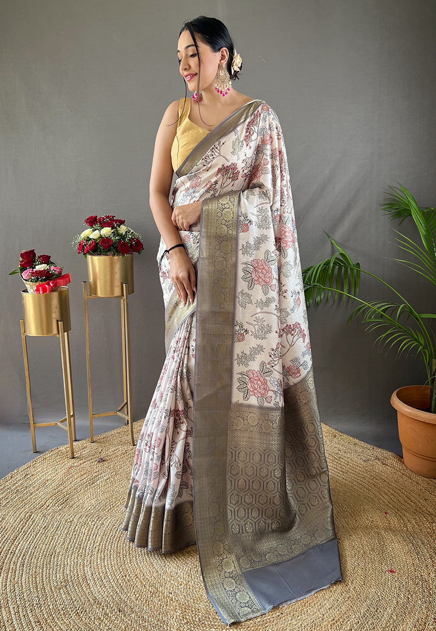 Swirl White Kalamkari Floral Printed Saree