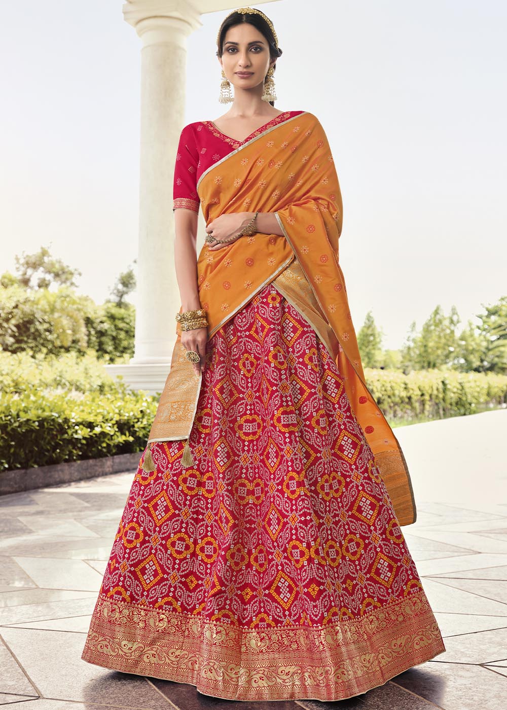 Cinnabar Red and Orange Banarasi Silk Lehenga Choli