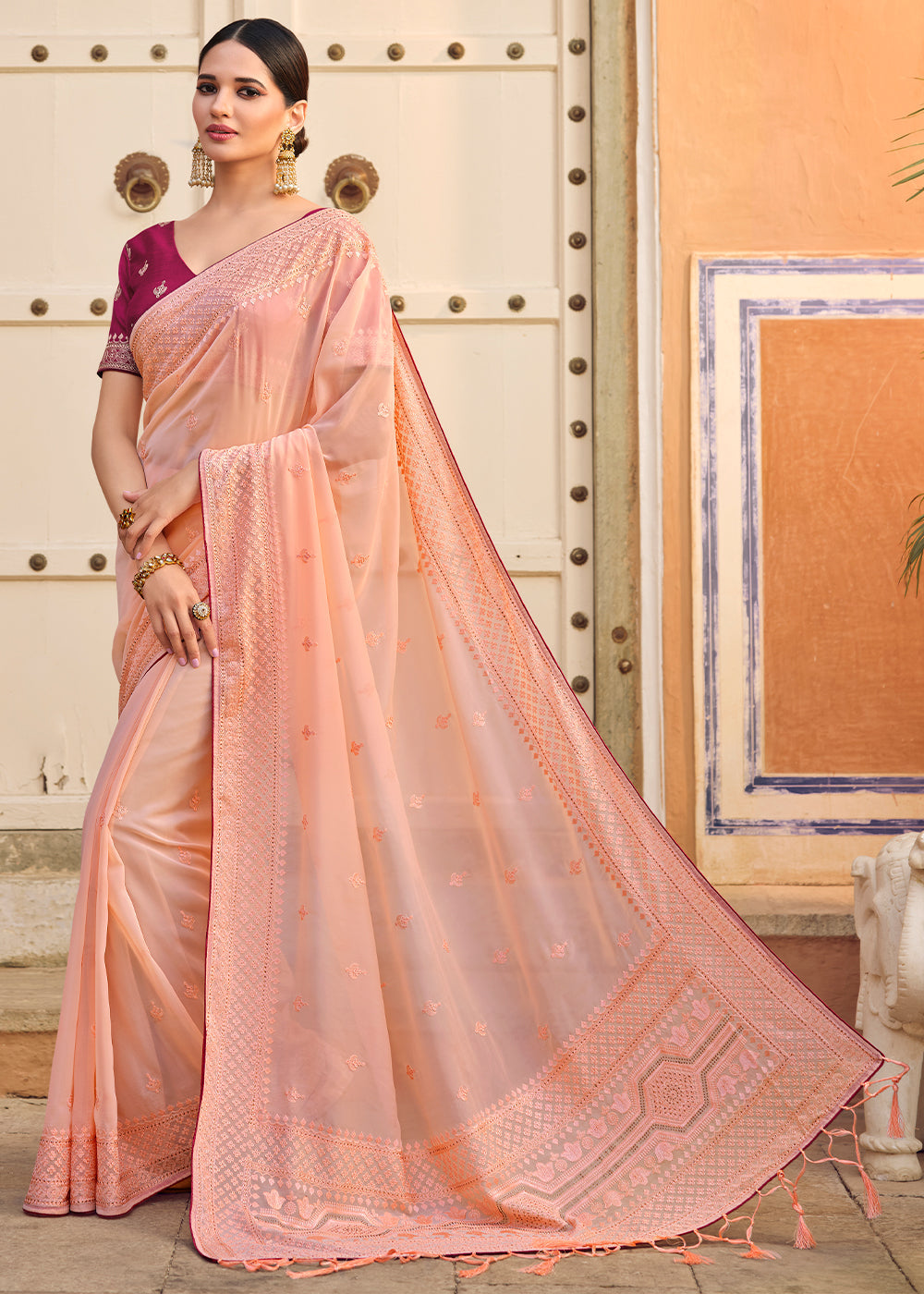 Wax Flower Pink Woven Organza Saree with Embroidery Work