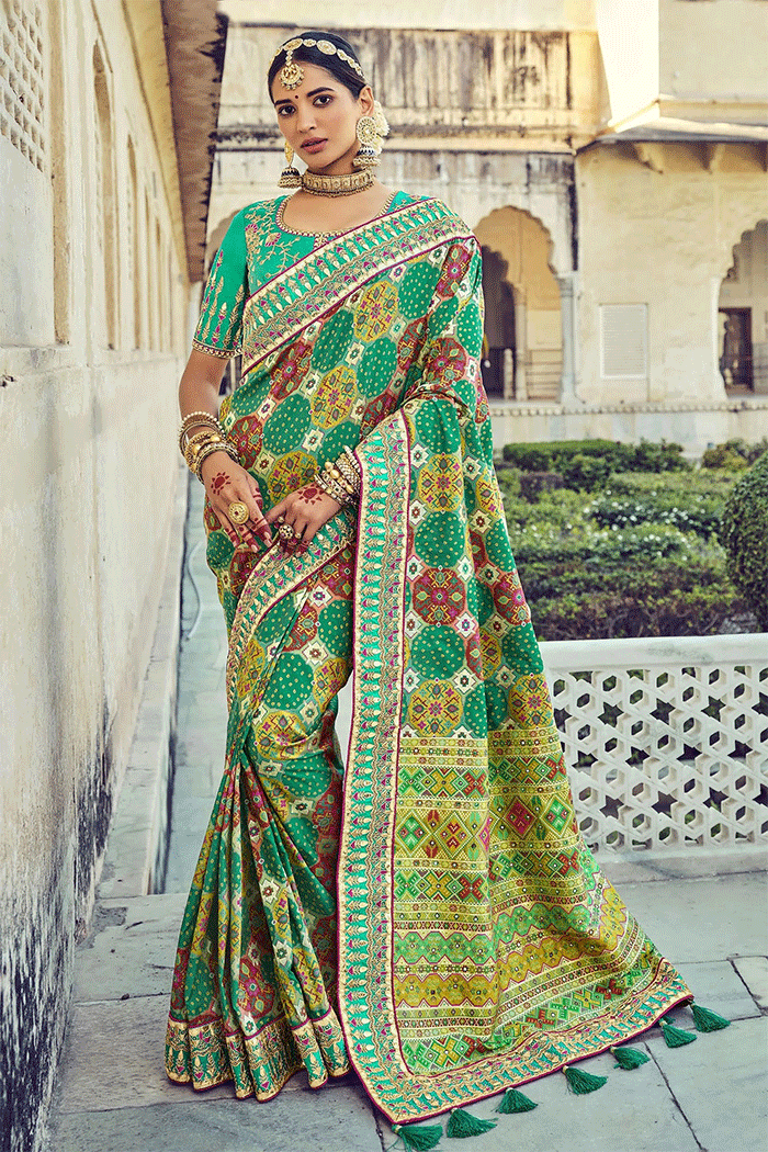 Ocean Green Zari Woven Zari Woven Bandhej Patola Saree With Designer Blouse