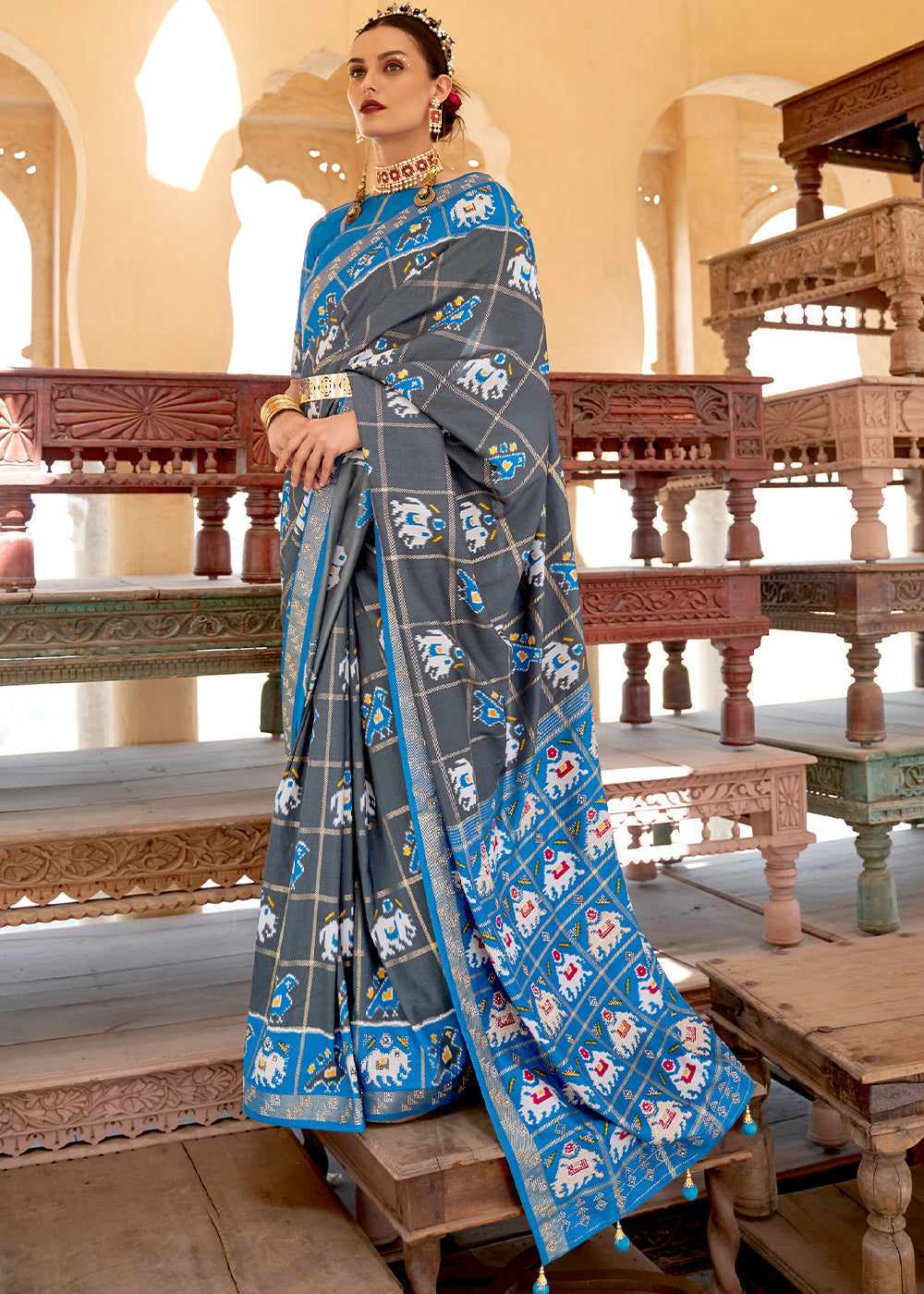 Abbey Grey and Blue Printed Patola Silk Saree