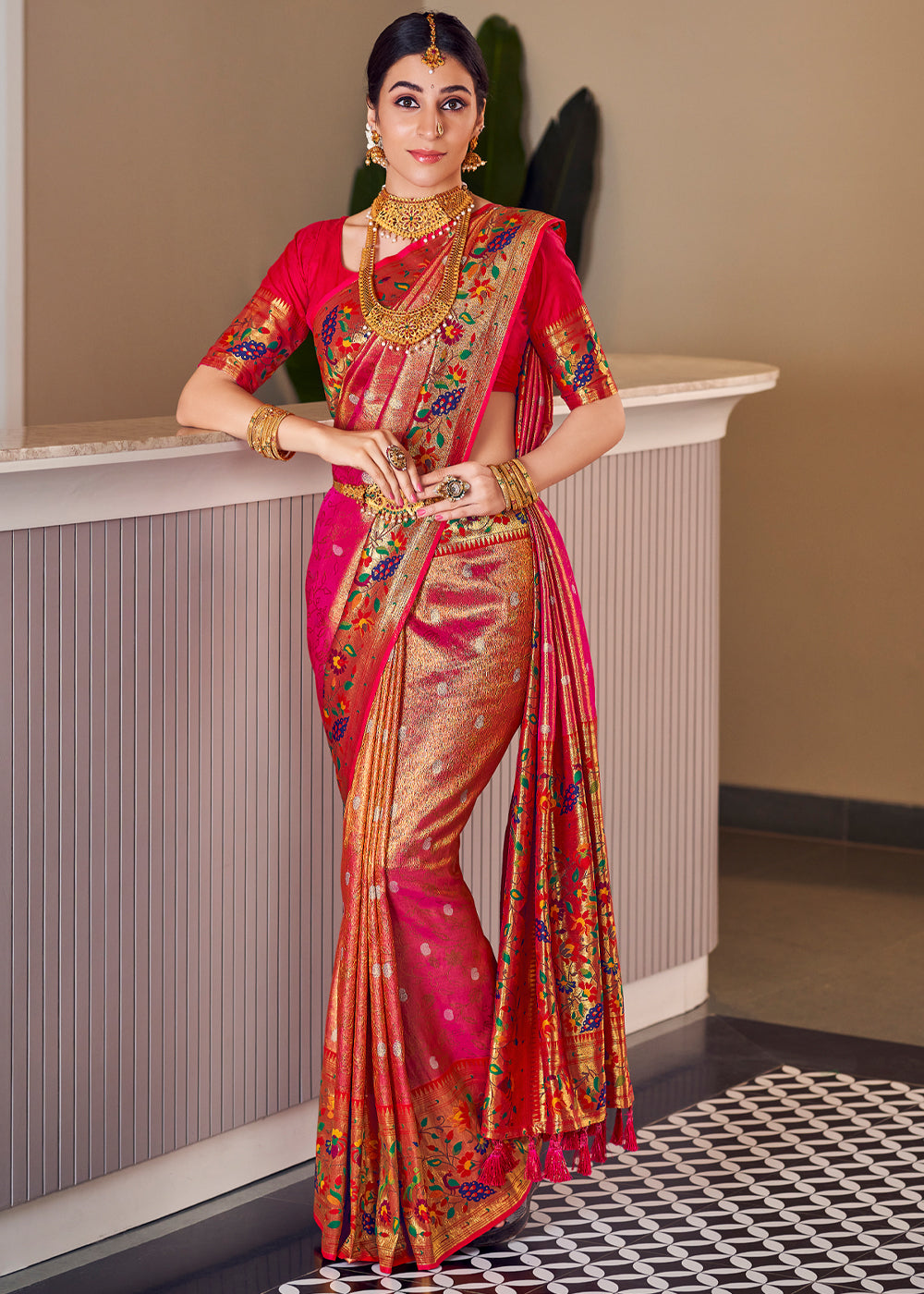 Red Rose Pearl Woven Paithani Silk Saree