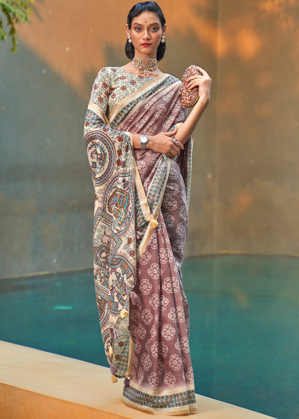 Eunry Brown Floral Printed Cotton Saree