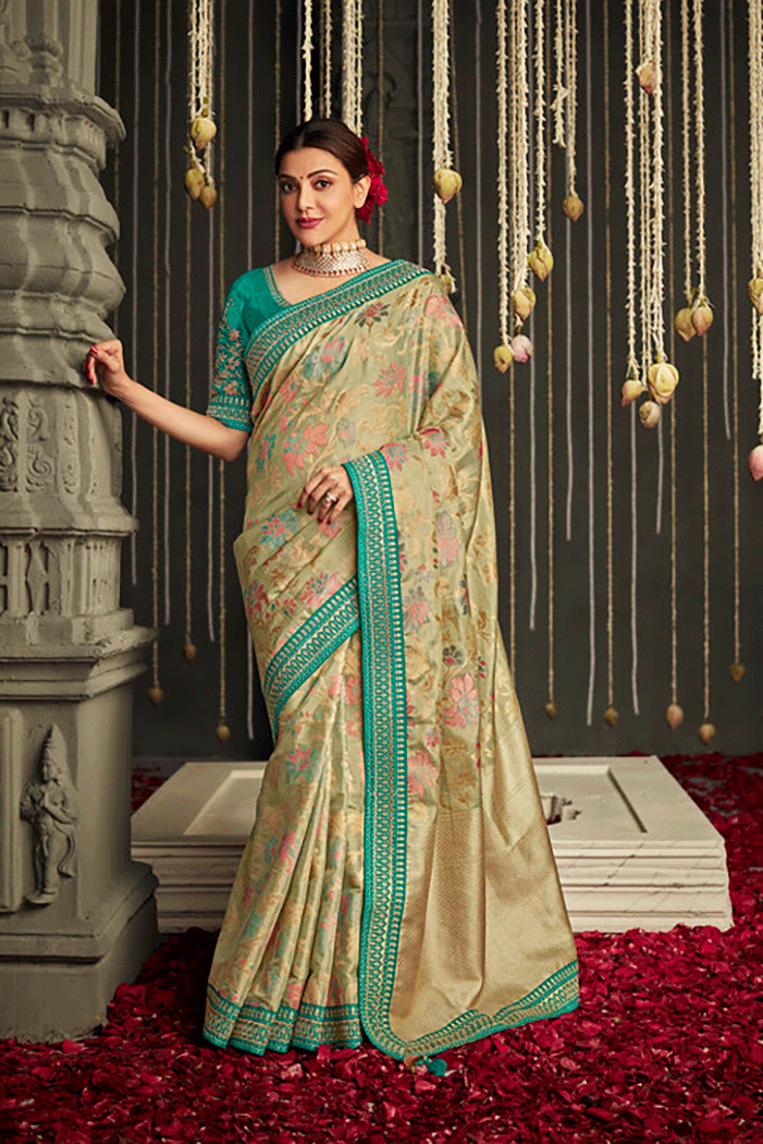 Olivine Green Zari Woven Designer Banarasi Saree